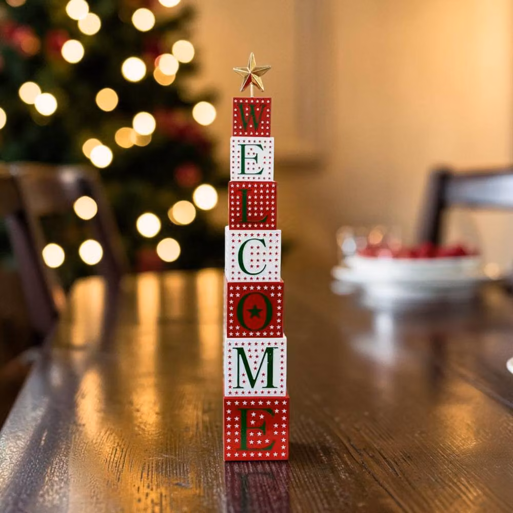Four Candle Metal and Wood Christmas Tabletop Welcome Sign in Gold, Green, Red and White, W/D/H: 26.0 x 7.0 x 159.0 cm – 2