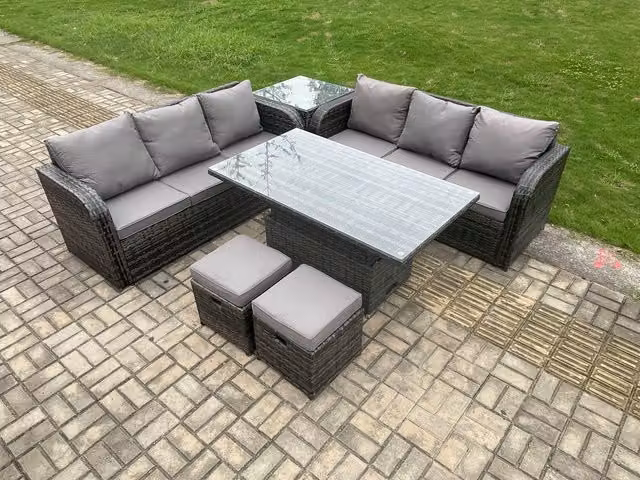 Fimous Outdoor Rattan Garden Furniture Set with Height Adjustable Dining Table and Side Table in Dark Grey