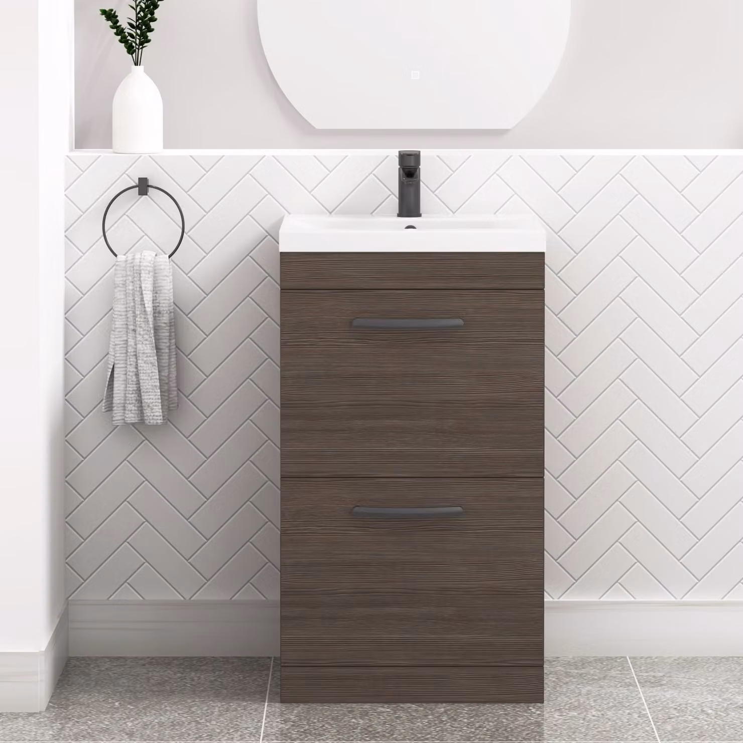 Royal Bathrooms Turin 500mm Floor Standing 2 Drawer Mid-Edge Basin Vanity Unit in Grey Elm with Matt Black Handles