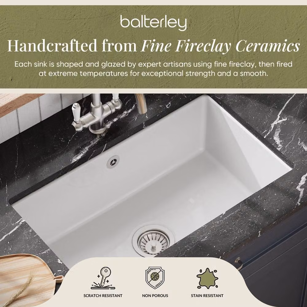Balterley White Ceramic Fireclay Undermount 1 Bowl Kitchen Sink with Overflow W: 76.3 cm, D: 45.7 cm – 2