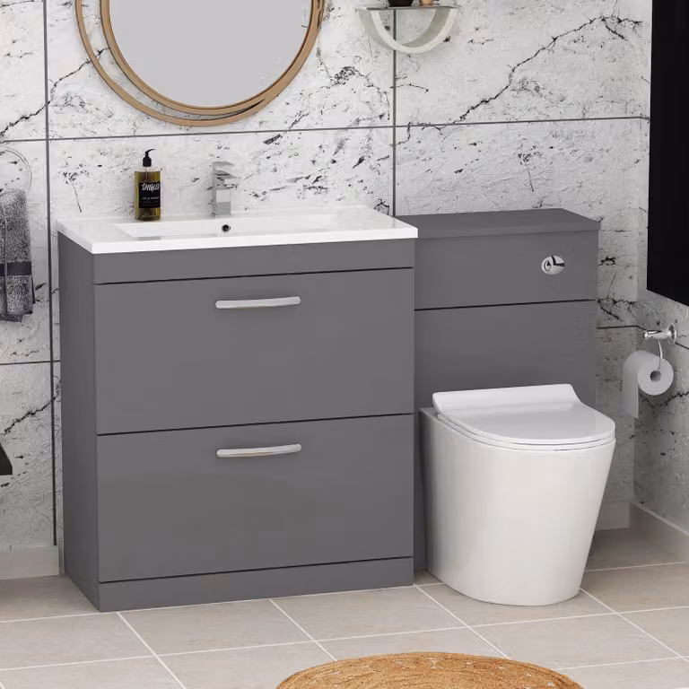 Royal Bathrooms Modern Turin Indigo Grey Gloss 2-Drawer Minimalist Basin and Cesar Back to Wall Toilet Pack, Width: 130 cm