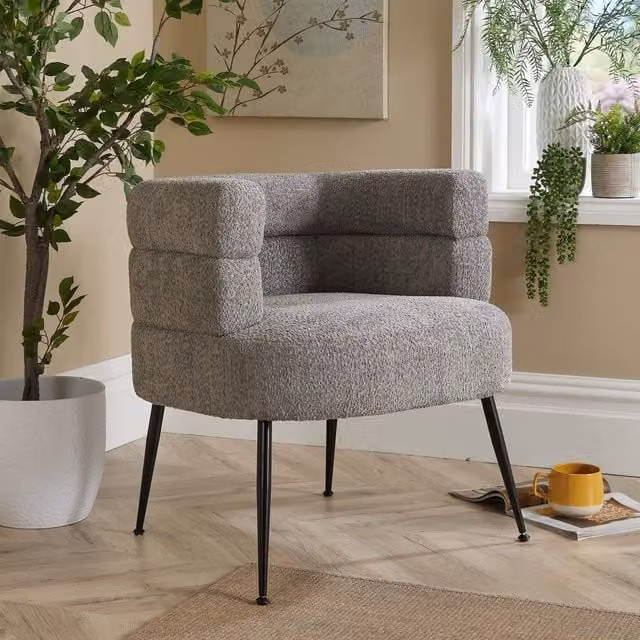 Home Source Barrel Boucle Teddy Fur Accent Chair in Light Grey with Metal Frame – 1