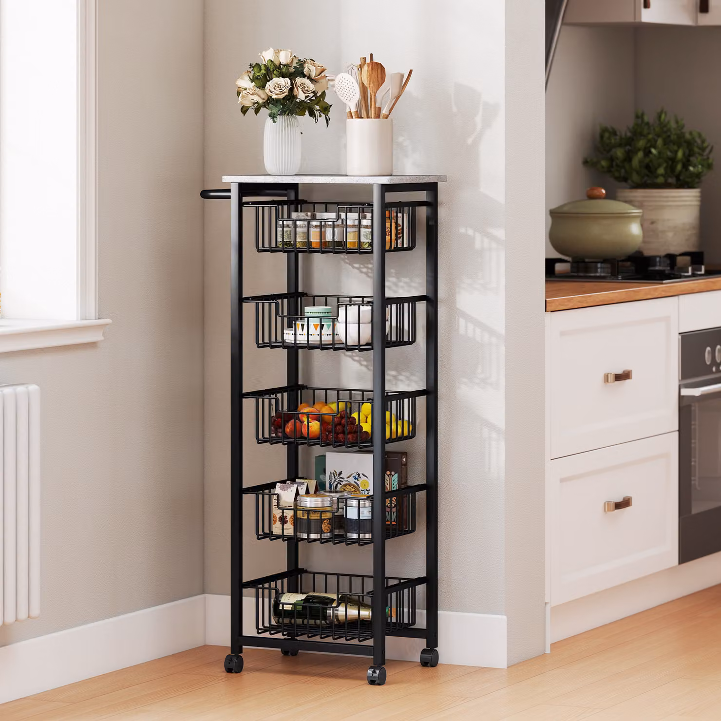 HOMCOM Mobile Kitchen Island with Five Baskets and Brakes, Grey/Black – 2