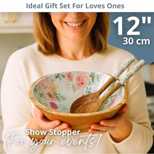 Hartsmede Handmade Mango Wood Salad Bowl Set with Matching Spoons, Floral Design, Multicolour, Diameter: 30.48 cm – 3