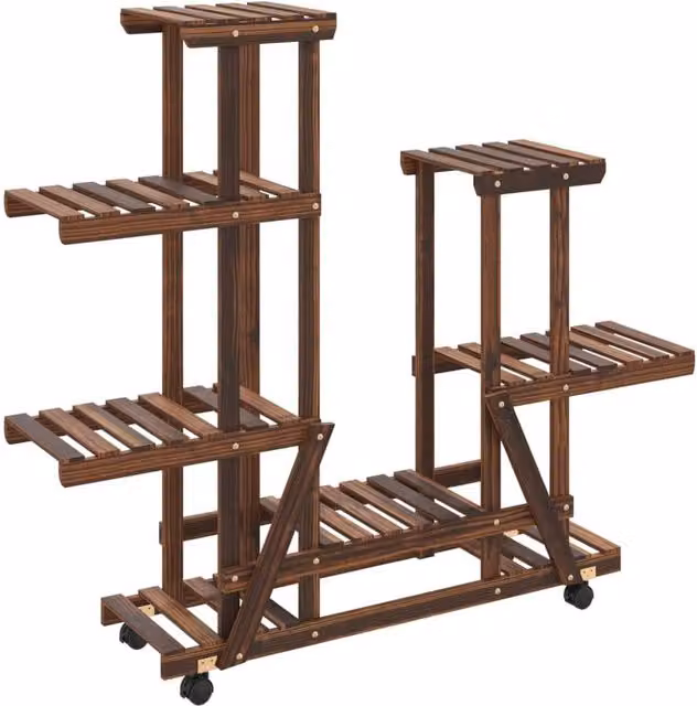 Berkfield Home Retro Wooden Flower Stand with Wheels in Brown, W/D/H: 95 x 25 x 101 cm