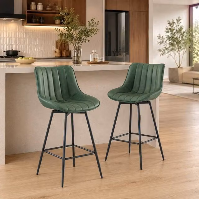 STILVORA Set of 2 Modern Green Swivel Bar Stools with Synthetic Leather and Metal Base