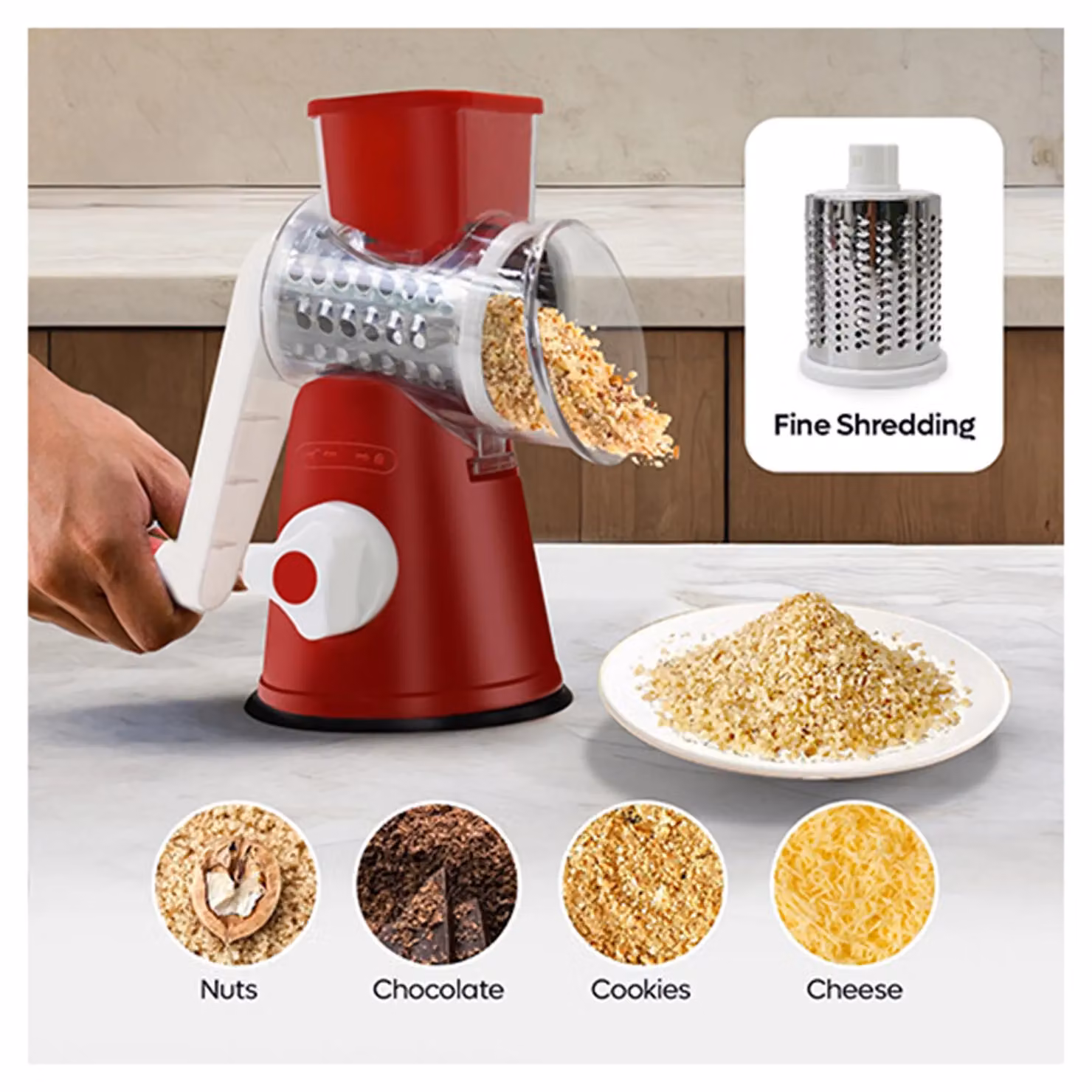 Dragodirect 3-in-1 Rotary Cheese Grater and Shredder with Handle, Red – 4