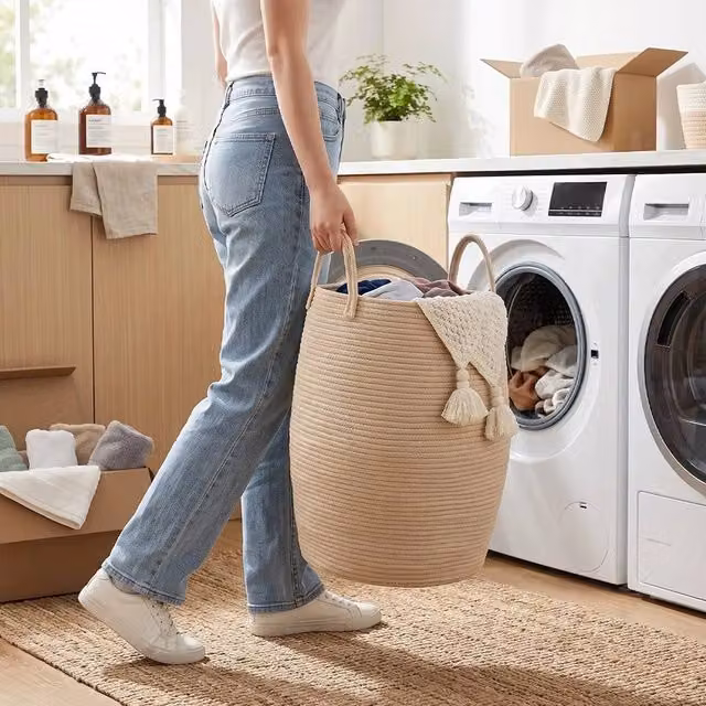 FORGEVIO Beige Large Cotton Woven Laundry Hamper Basket – 1