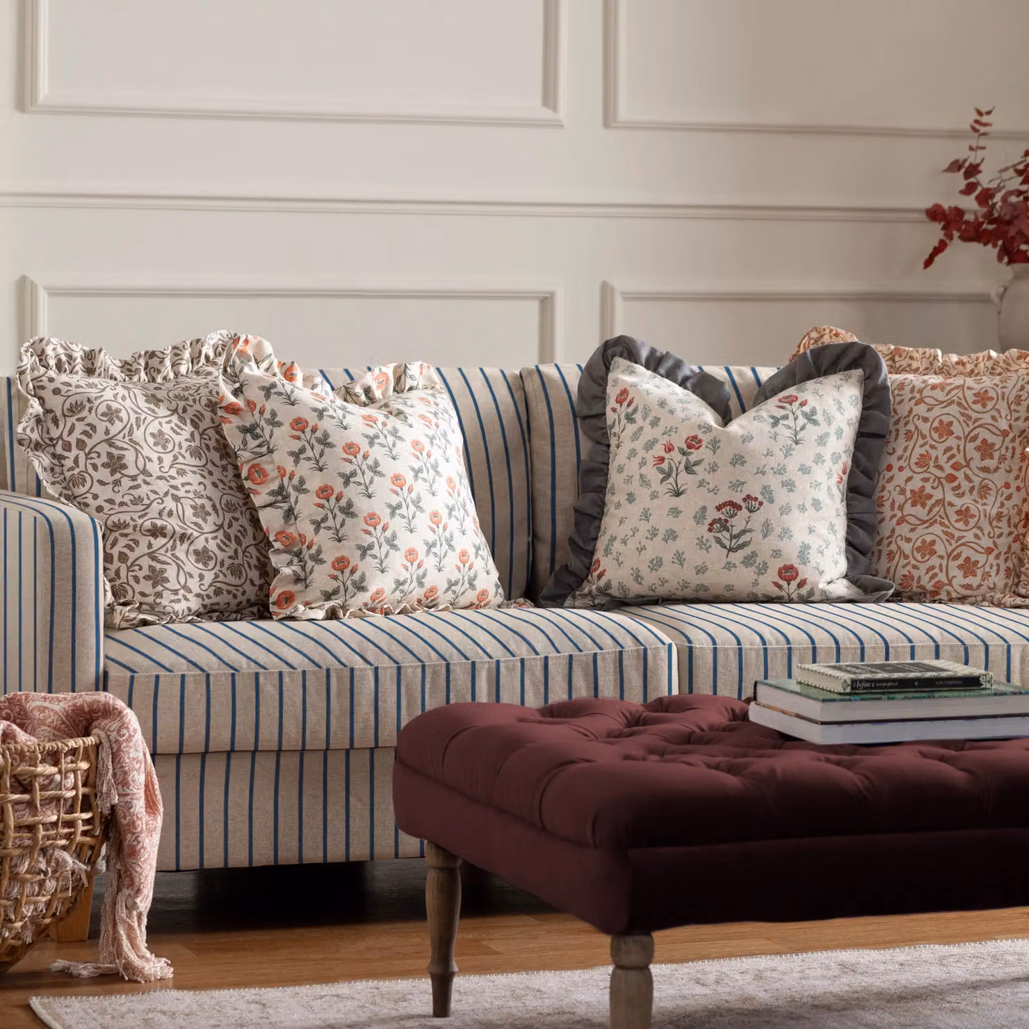 Paoletti Renata Floral Printed Linen Ruffle Cushion, Multicolour, W/D/H: 50 x 50 x 50 cm – 5