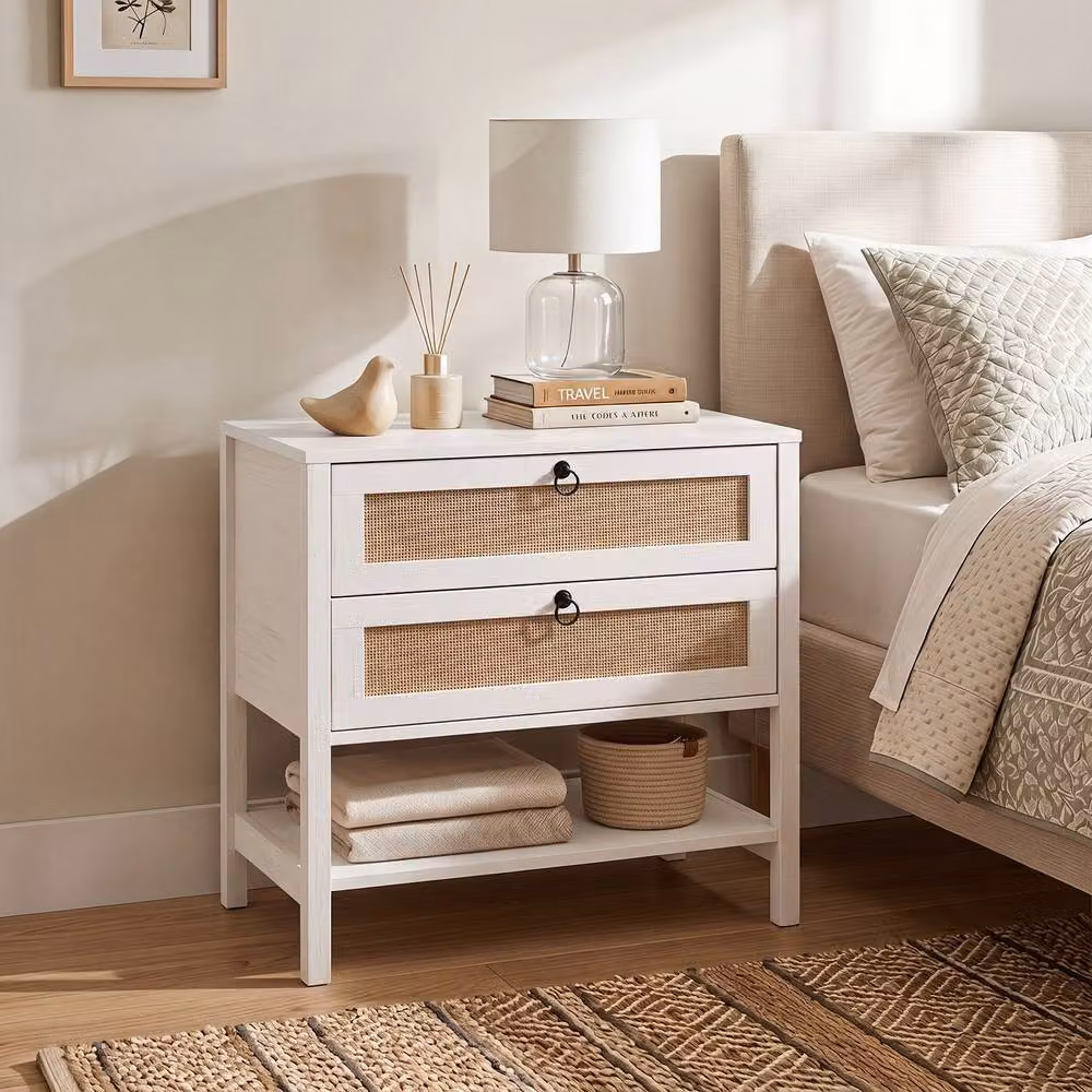 Gymax White Rattan Bedside Table with 2 Drawers and Oak Wood Accents – 2