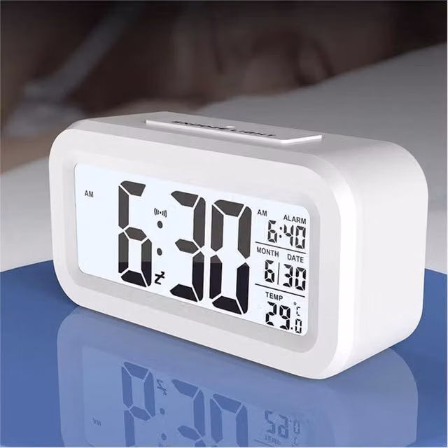 VOGREX LED Digital Alarm Clock with Snooze, Temperature and Day/Night Display in White