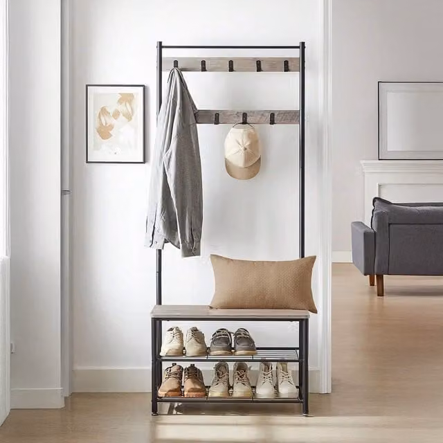 VASAGLE Industrial Hall Tree with Bench and Coat Rack, Brown and Black