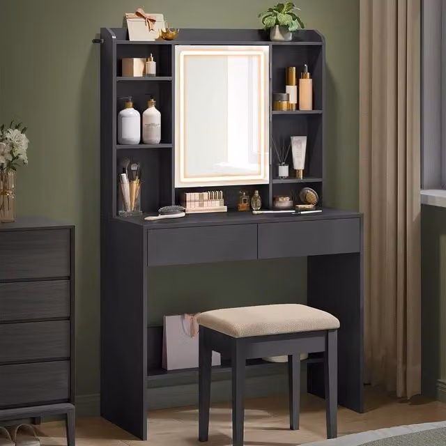VASAGLE Hollywood LED Vanity Desk with Adjustable Brightness Mirror in Black