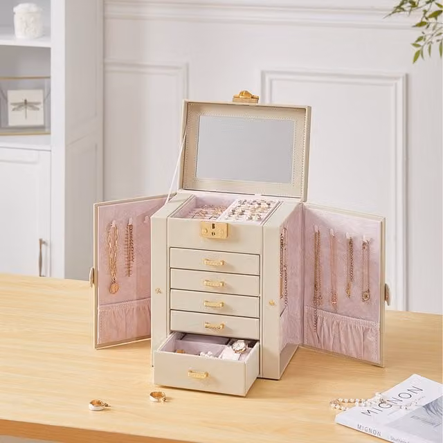 Livingandhome Large Faux Leather Jewellery Storage Box with Mirror and Handles in Beige, Pink or Gold