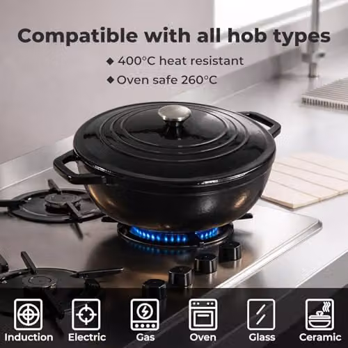 Toque Black Enamelled Cast Iron Dutch Oven Casserole Dish with Self-Basting Lid, Diameter: 30.5 cm – 7