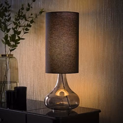 ValueLights Sylvie Black Linen Tall Table Lamp with Smoked Glass Teardrop Base – 2