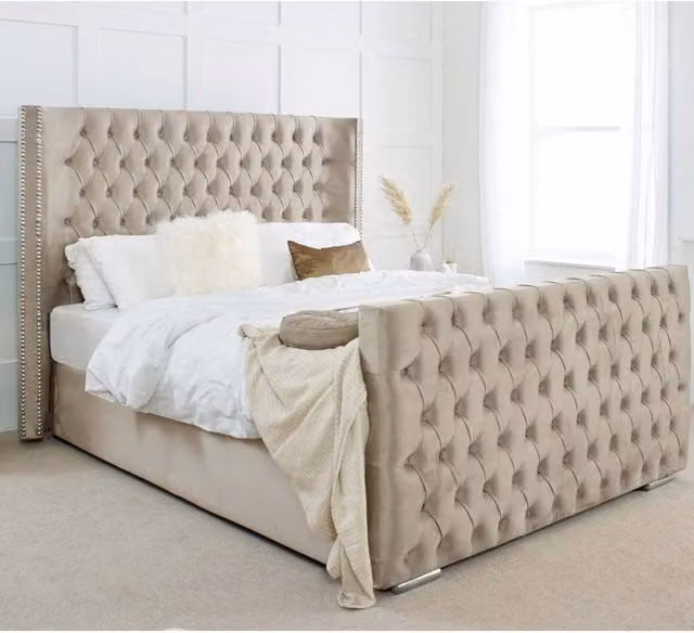 Paradise Beds Ltd Beige Velvet Button Ottoman Bed Frame with Storage, King Size