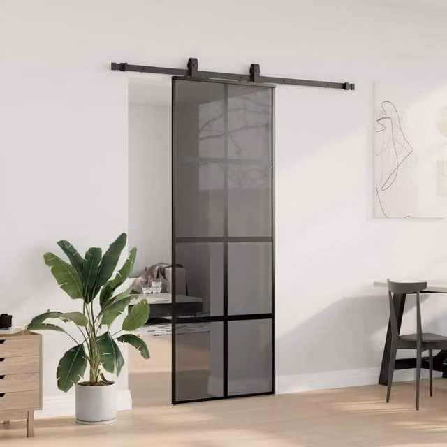 Berkfield Home Black Sliding Tempered Glass Door with Hardware Set W: 76 cm, H: 205 cm