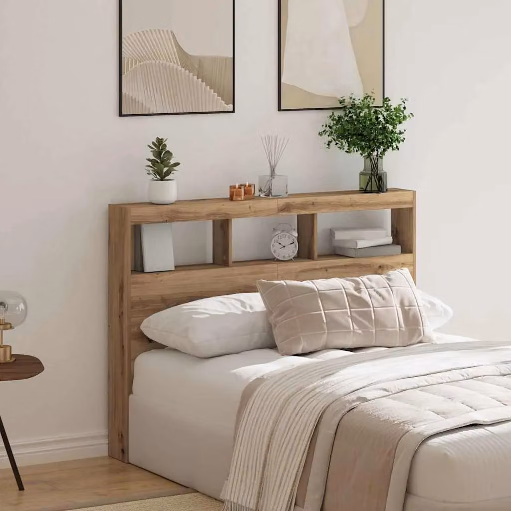 Berkfield Home Artisan Oak Headboard Cabinet with LED in Brown, W/D/H: 140 x 17 x 102 cm – 2