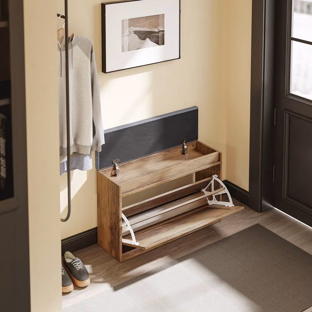 SoBuy Entrance Bench with Shoe Rack and Padded Fabric Seat in Brown, Grey or Silver – 5