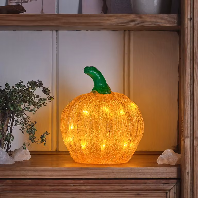 Lights4fun Mini Orange Acrylic Pumpkin Figure with 20 Warm White LEDs for Halloween and Autumn Decoration, Height: 15 cm