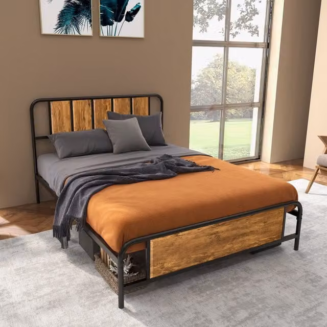 HOMCOM Industrial Metal Bed Frame with Headboard and Slats in Brown, W/D/H: 180 x 200 cm