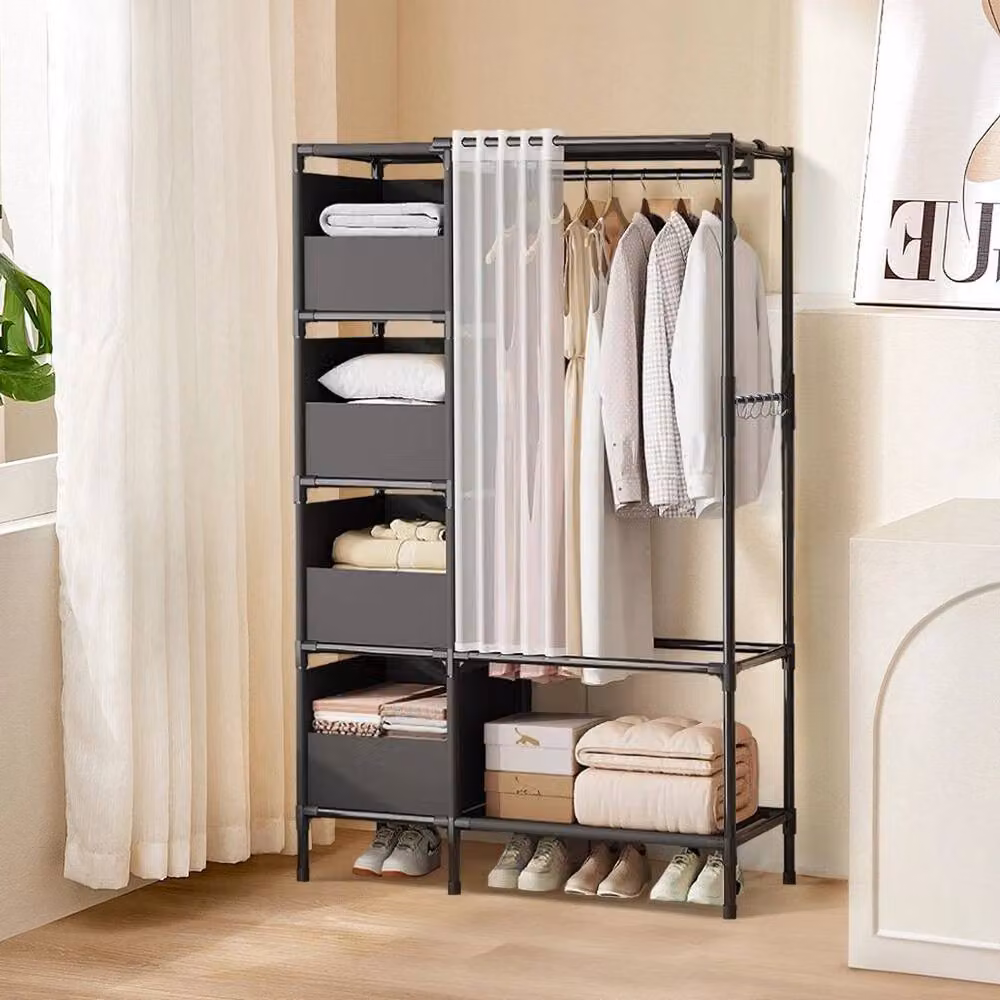 NESTLUNE Black Folding Canvas Closet Organizer with Hanging Rod and Shelves, W: 100 cm, D: 15 cm – 3