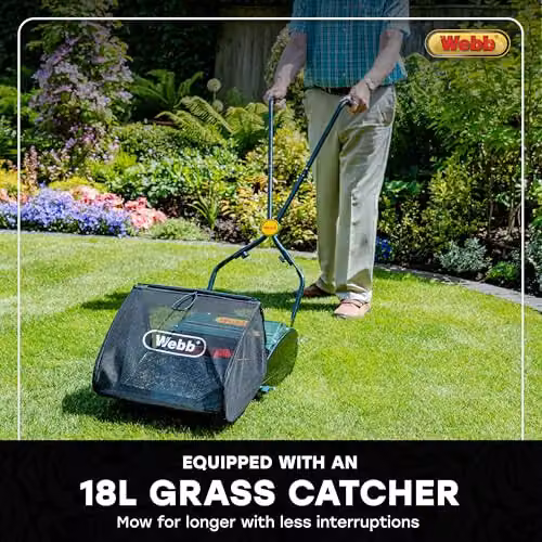 Webb WEH12R Manual Hand Push Cylinder Lawnmower with 18L Collection Bag, Green – 8