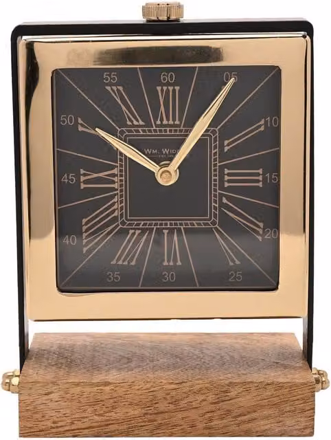 William Widdop Vintage Analog Quartz Table Clock on Stand in Gold and Black, W/D/H: 19.5 x 16.0 x 9.0 cm