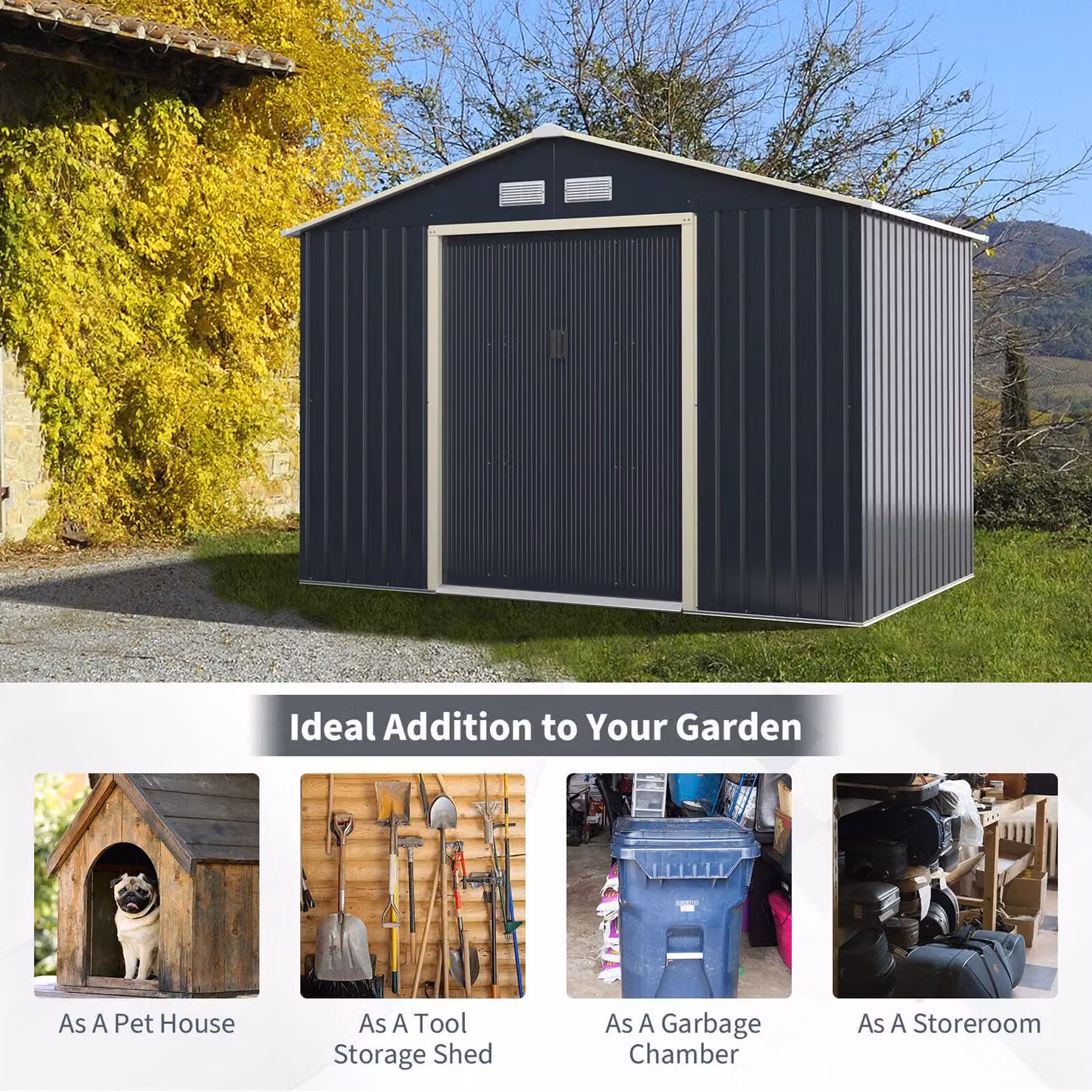 Costway Grey Metal Outdoor Storage Shed with Double Sliding Doors and Side Vents – 4