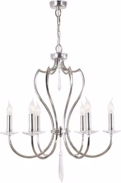 Elstead Pimlico 6 Light Chandelier in Polished Nickel with Glass Shades and E14 Base