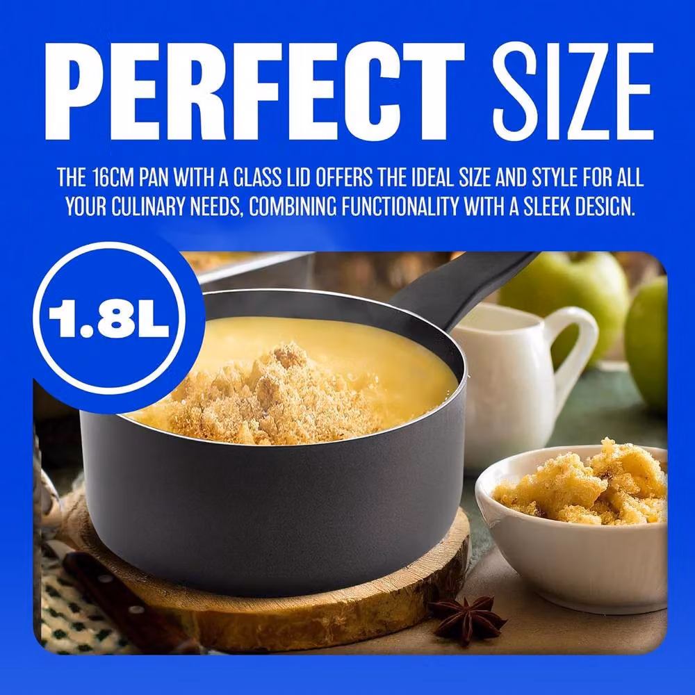 BARGAINS-GALORE Non Stick Milk Pan with Glass Lid, Black, 16 cm – 3
