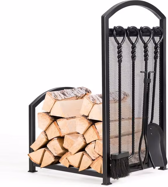 Costway Freestanding Metal Fireplace Log Storage Holder Set in Black