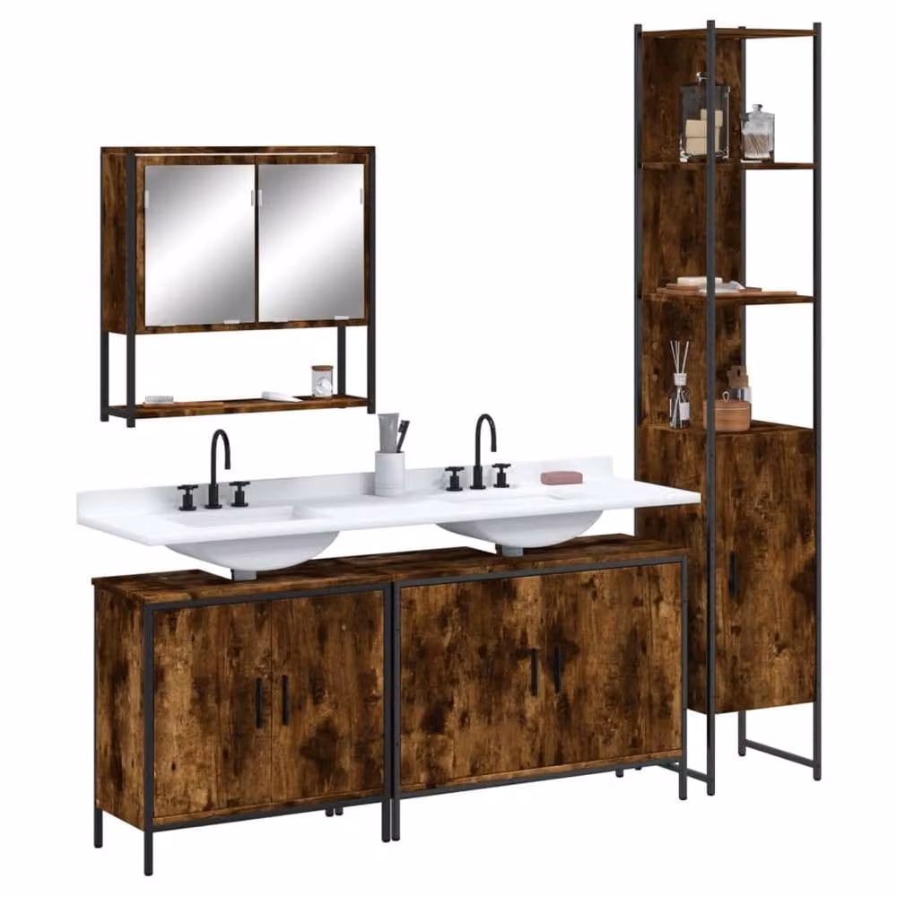 Berkfield Home 4 Piece Industrial Bathroom Furniture Set in Brown Smoked Oak – 1