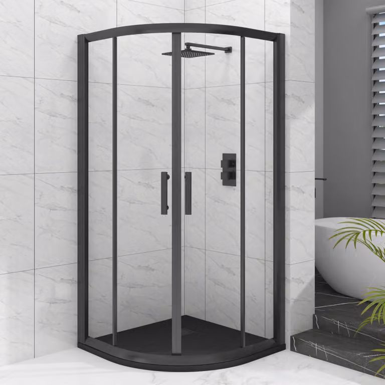 Royal Bathrooms Milan Quadrant Shower Enclosure with Black Mineral Cast Stone Tray, Matt Black, W/D: 90 x 90 cm, 6mm Double Sliding Door
