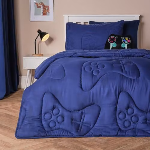 OHS 7.5 Tog Microfibre Coverless Quilted Single Duvet and Pillowcase Set, Blue, W/D/H: 135 x 200 cm