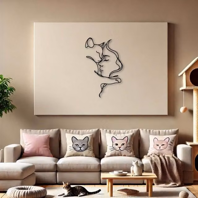 Decortie Woman and Cat Metal Line Art Wall Decor, Black, 70 cm