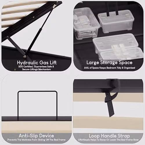 Vida Designs Lisbon Small Double Faux Leather Ottoman Bed Frame in Black, H 87 x W 128 x D 200 cm – 5