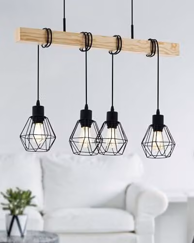 Eglo Townshend 5 Industrial Style 4-Light Geometric Pendant Light in Black and Wood – 2
