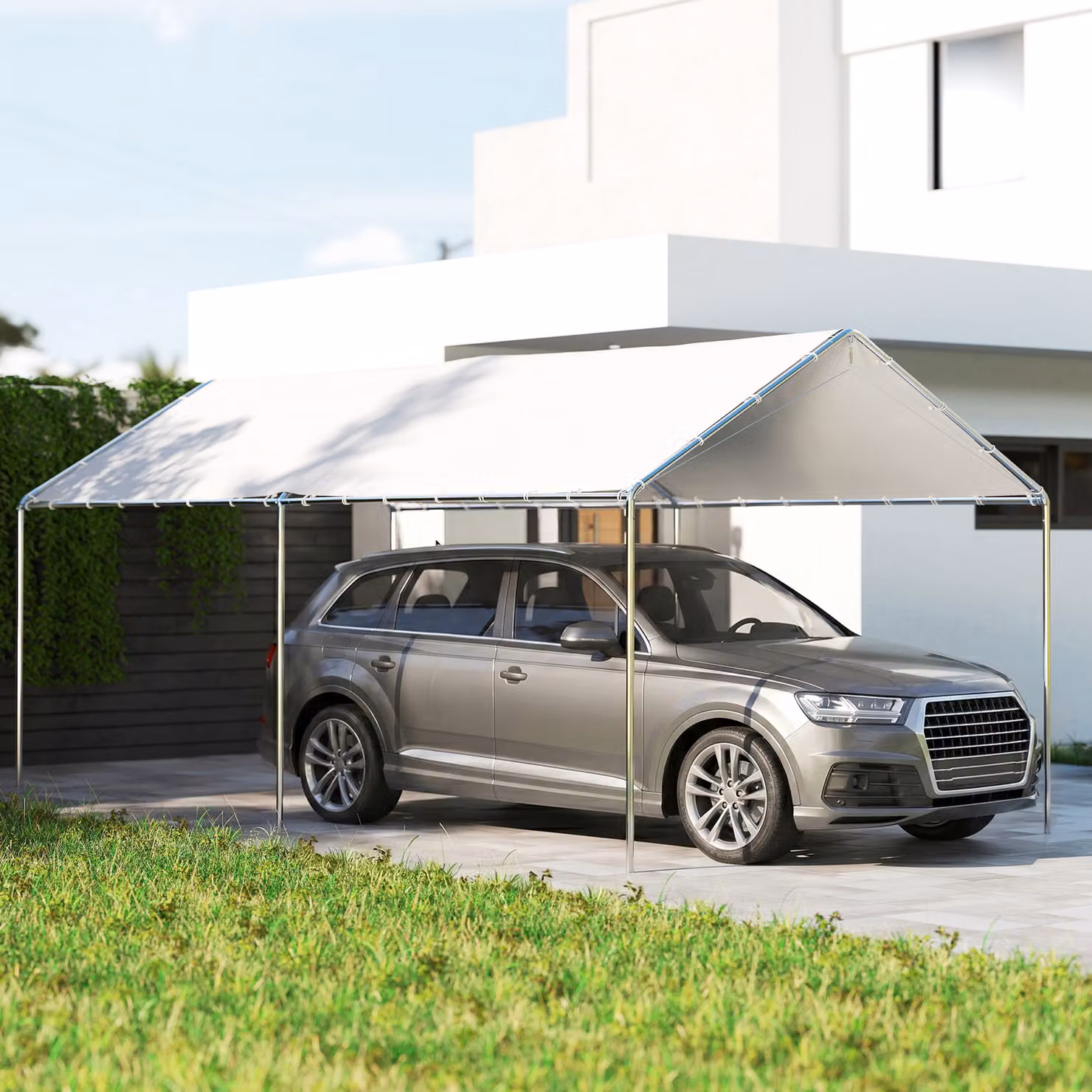 Outsunny White Heavy Duty Carport Garage Car Shelter with Galvanised Steel Gable Canopy Tent, W: 600 cm, D: 300 cm, H: 260 cm – 2