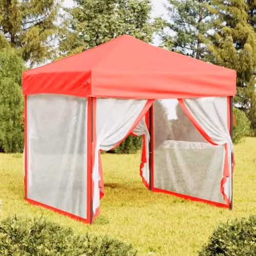 vidaXL Folding Party Tent with Sidewalls in Red and Silver, W/D/H: 2 x 2 x 2 m – 2