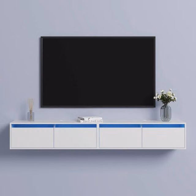 KEEPREAPER Set of 2 Floating TV Stands for 55-85 inch TVs with 2 Flip-Down Doors and LED Lighting in White