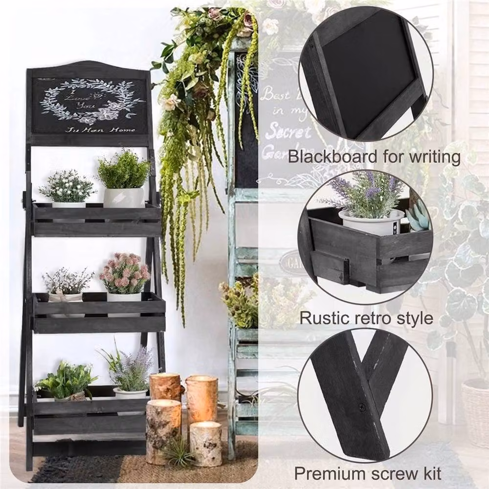 Kelvenix Ladder Plant Stand and Flower Pot Holder Shelf Rack in Matt Black and Rustic Wood – 3