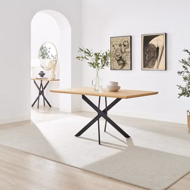 FurnitureboxUK Leonardo Rectangular Dining Table with Oak Veneer Top and Black X-Frame Metal Legs, Width: 90 cm