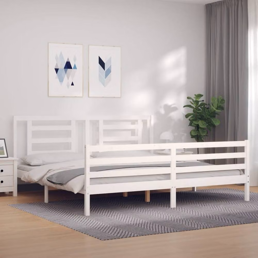 Berkfield Home Solid Wood Pine Bed Frame with Headboard in White, 200 x 200 cm – 2