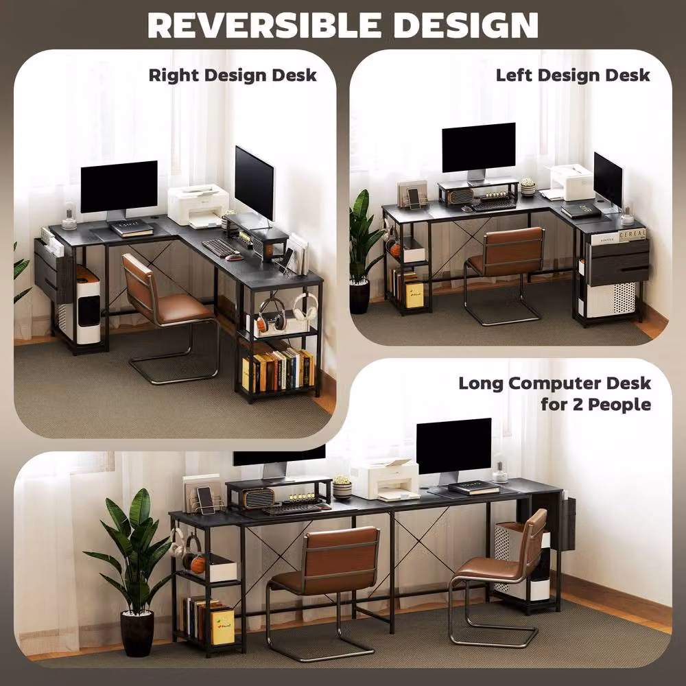 STILVORA L-Shaped Corner Desk with Storage and Monitor Stand in Black – 6