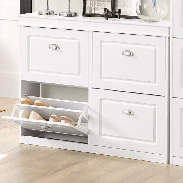 SoBuy Modern Slim Shoe Storage Cabinet with 4 Tilting Compartments and Metal Handles, White