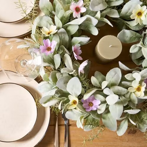 OHS Pink Artificial Floral Wreath with Lavender and Leaves, W/D/H: 50 x 50 x 10 cm – 4
