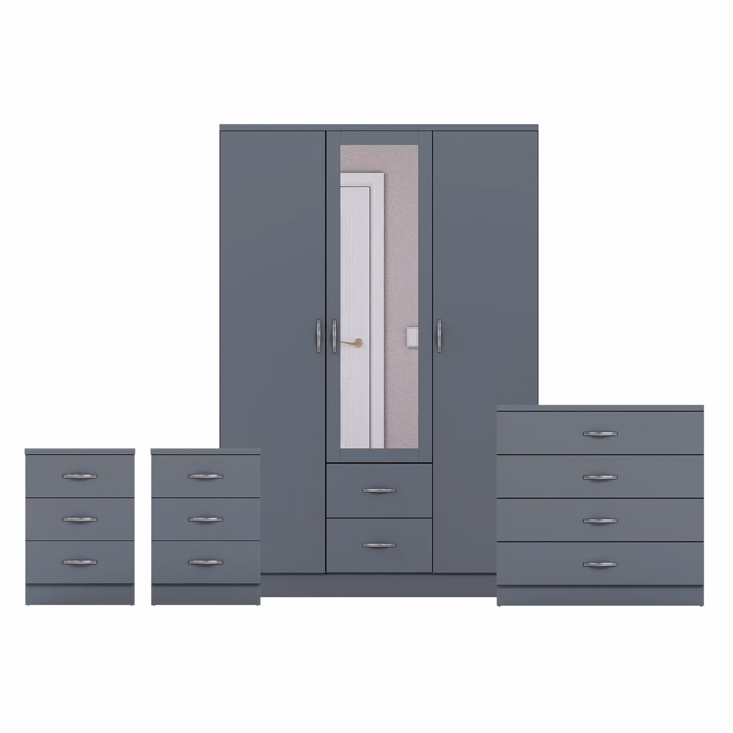 Vida Designs 4 Piece Modern Grey Bedroom Set including 2 Bedside Tables, 4 Drawer Chest and 3 Door Mirror Wardrobe – 2