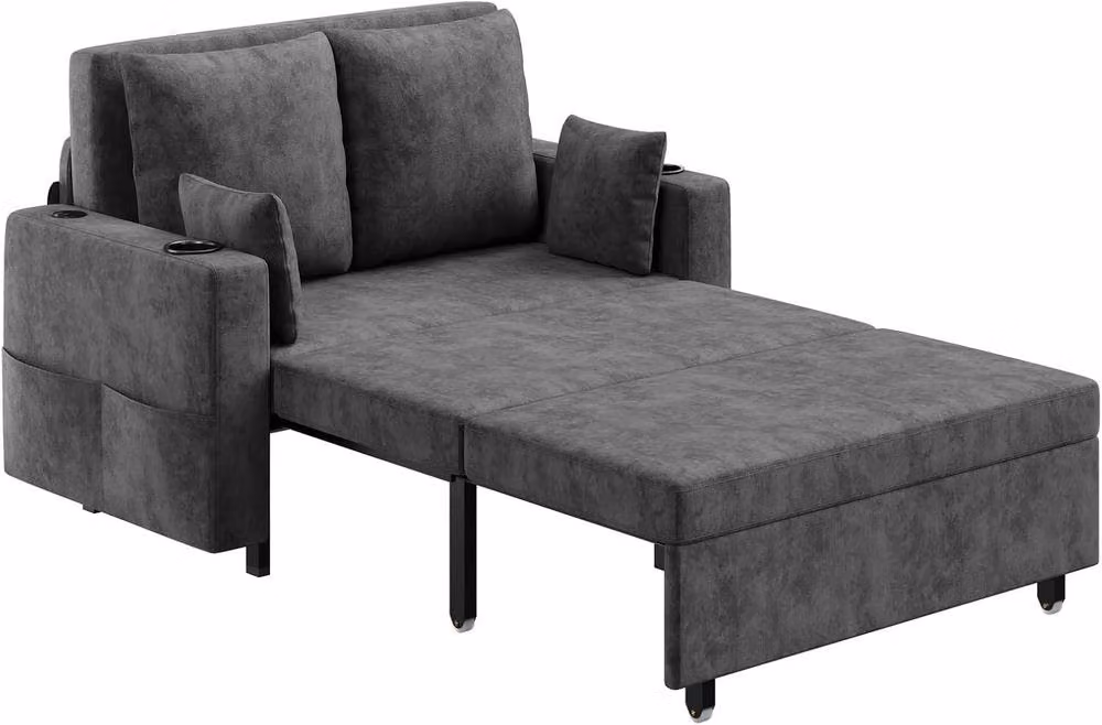 London Boutique 2 Seater Convertible Sofa Bed in Dark Grey with USB and Type-C Charging Ports and Cup Holders – 3